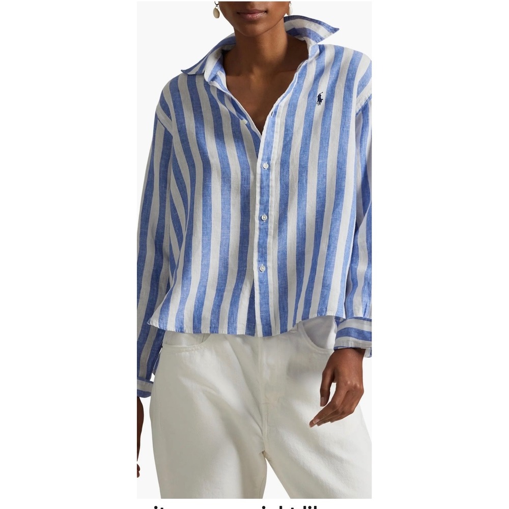 Polo Ralph Lauren Blue White Striped Linen Shirt Crop Boxy Fit XL - Picture 8 of 14